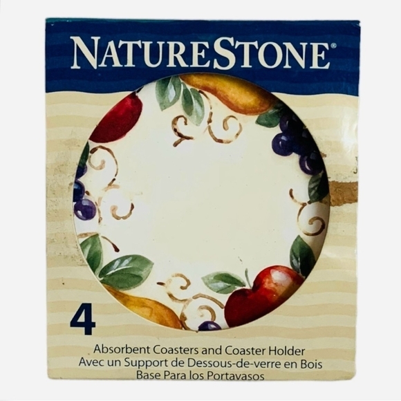ABSORBENT NATURESTONE COASTER Set Bella Fruit 4 Ceramic COASTER & COASTER Holder - Picture 2 of 4